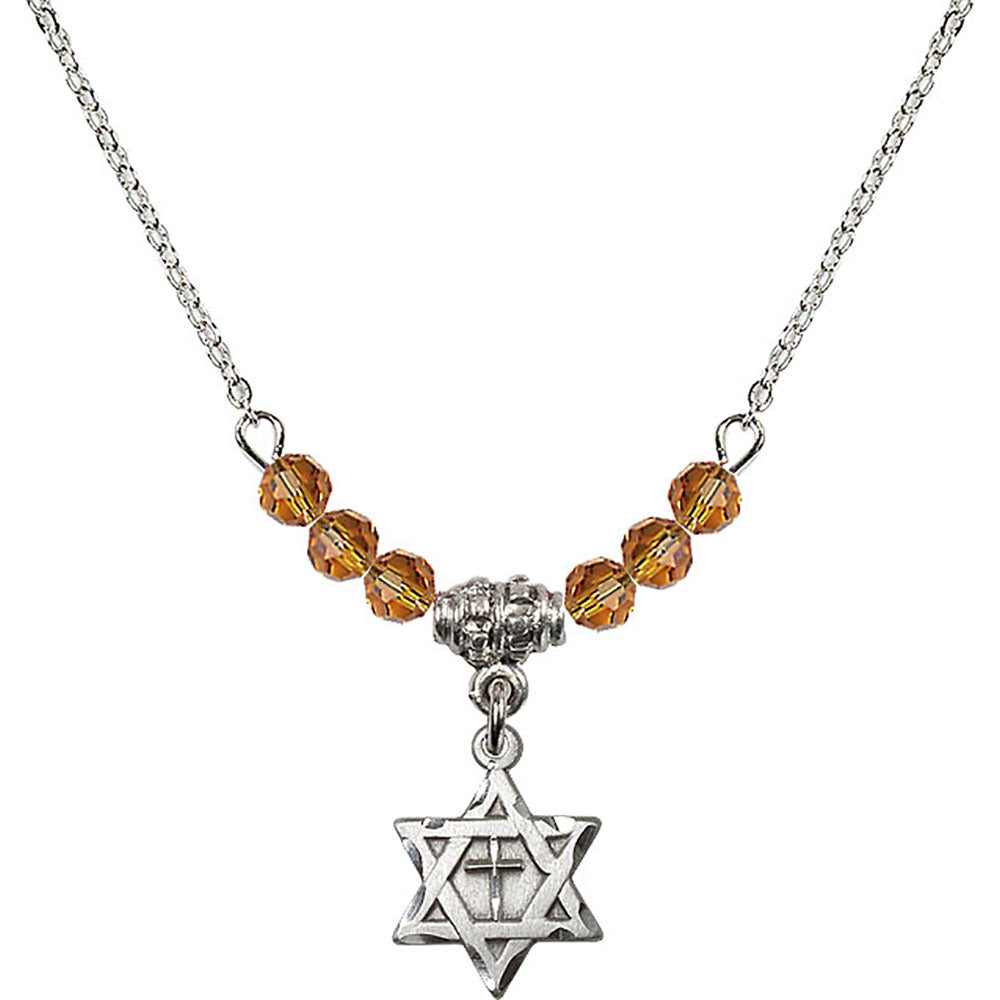 Sterling Silver Star of David w/ Cross Birthstone Necklace with Topaz Beads - 1211