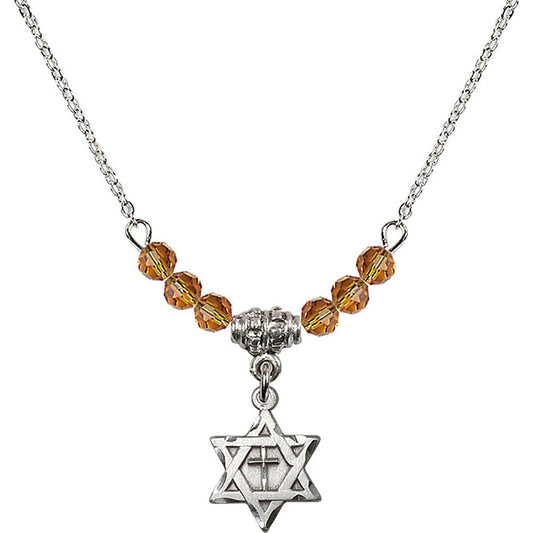 Sterling Silver Star of David w/ Cross Birthstone Necklace with Topaz Beads - 1211