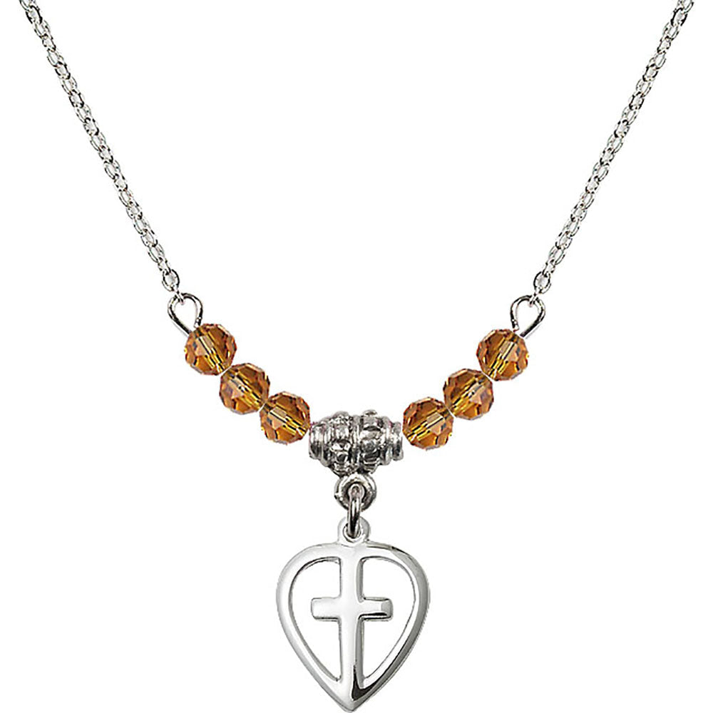 Sterling Silver Heart / Cross Birthstone Necklace with Topaz Beads - 1709