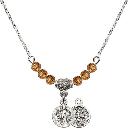 Sterling Silver Saint Benedict Birthstone Necklace with Topaz Beads - 2341