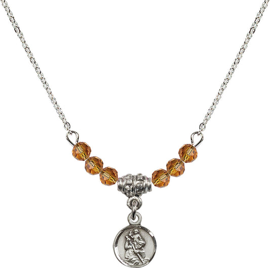 Sterling Silver Saint Christopher Birthstone Necklace with Topaz Beads - 2343