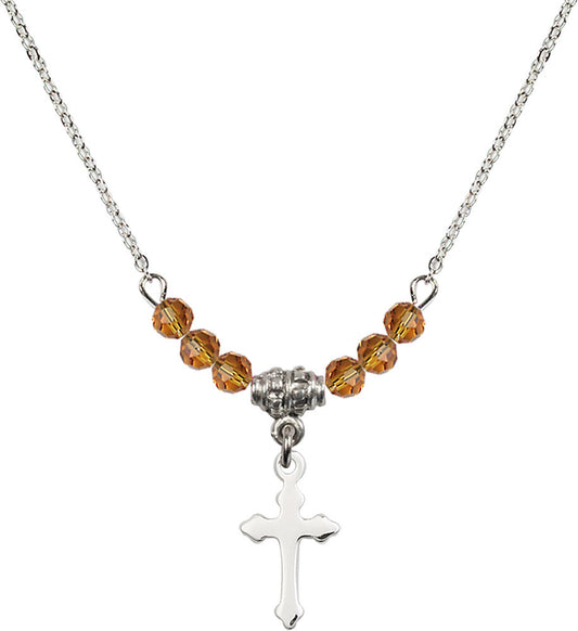 Sterling Silver Cross Birthstone Necklace with Topaz Beads - 2528