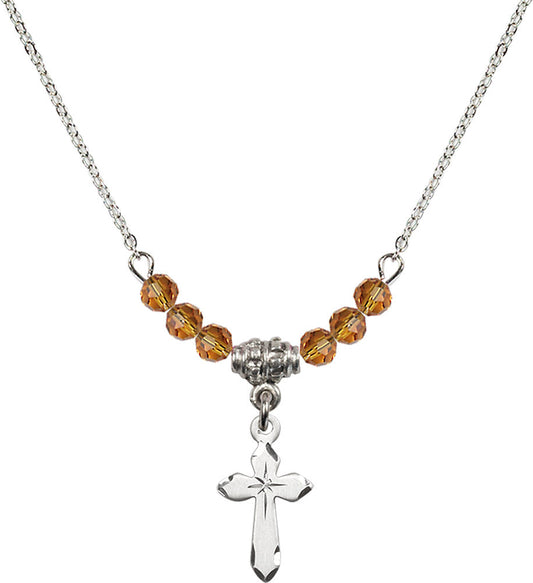 Sterling Silver Cross Birthstone Necklace with Topaz Beads - 2529