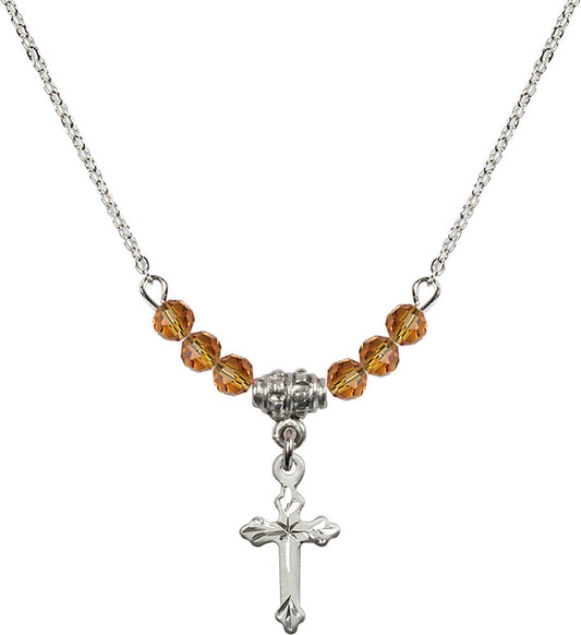 Sterling Silver Cross Birthstone Necklace with Topaz Beads - 2531