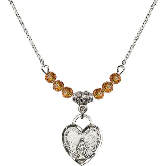 Sterling Silver Miraculous Heart Birthstone Necklace with Topaz Beads - 3401