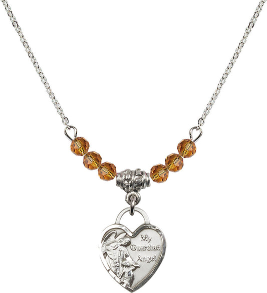 Sterling Silver Guardian Angel Heart Birthstone Necklace with Topaz Beads - 3402