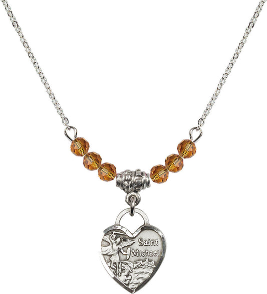 Sterling Silver Saint Michael Heart Birthstone Necklace with Topaz Beads - 3403