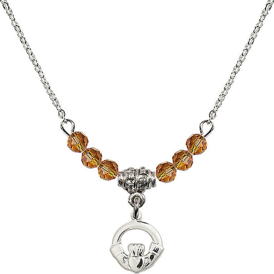 Sterling Silver Claddagh Birthstone Necklace with Topaz Beads - 4113
