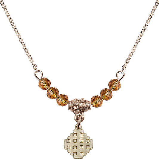 14kt Gold Filled Jerusalem Cross Birthstone Necklace with Topaz Beads - 4118