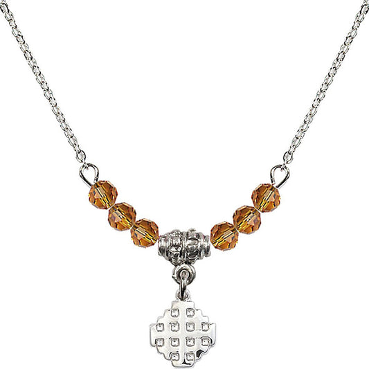 Sterling Silver Jerusalem Cross Birthstone Necklace with Topaz Beads - 4118