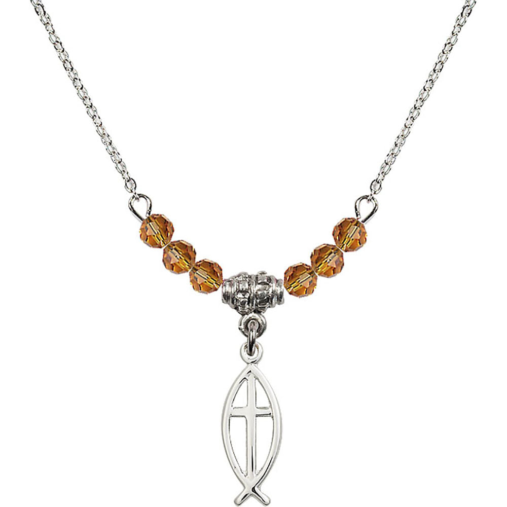 Sterling Silver Fish / Cross Birthstone Necklace with Topaz Beads - 4251