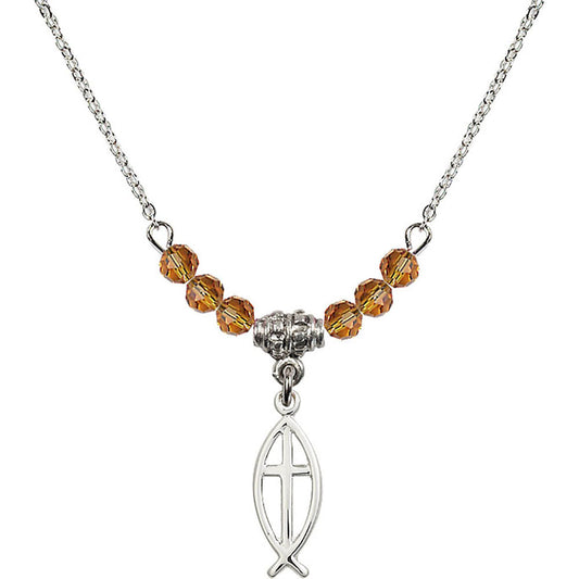 Sterling Silver Fish / Cross Birthstone Necklace with Topaz Beads - 4251
