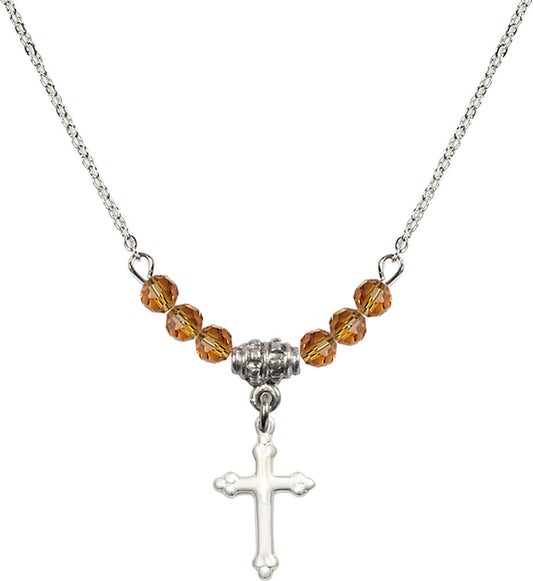 Sterling Silver Cross Birthstone Necklace with Topaz Beads - 5415