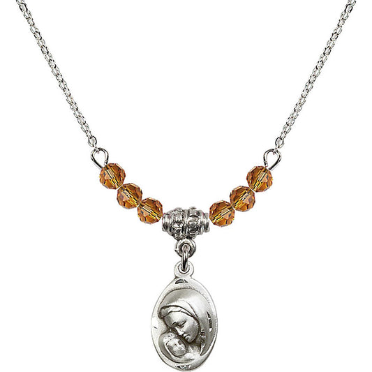 Sterling Silver Madonna & Child Birthstone Necklace with Topaz Beads - 5447