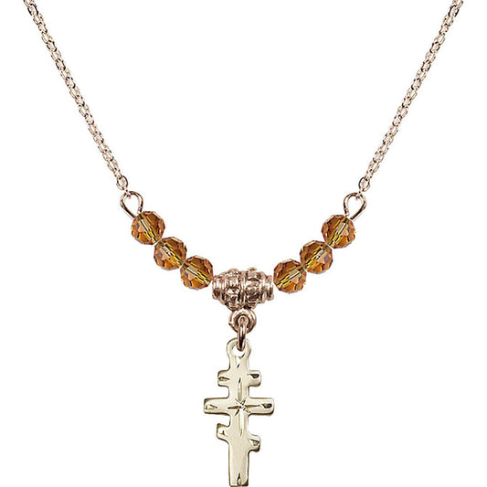 14kt Gold Filled Greek Orthadox Cross Birthstone Necklace with Topaz Beads - 5654