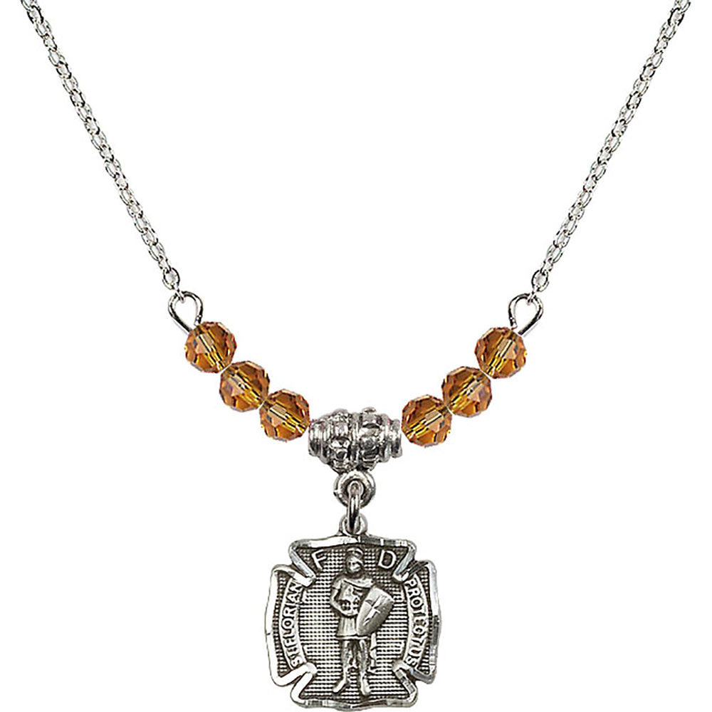 Sterling Silver Saint Florian Birthstone Necklace with Topaz Beads - 5686