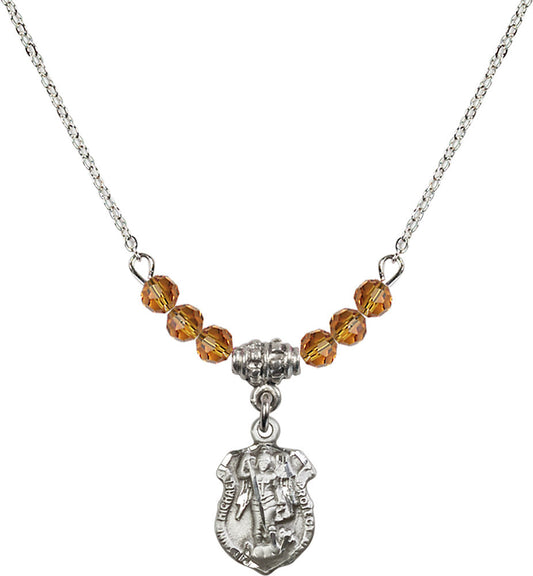 Sterling Silver Saint Michael the Archangel Birthstone Necklace with Topaz Beads - 5699