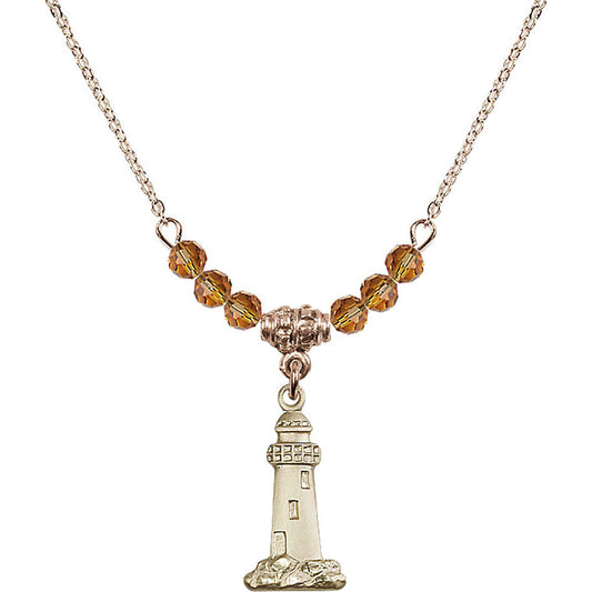 14kt Gold Filled Lighthouse Birthstone Necklace with Topaz Beads - 5922
