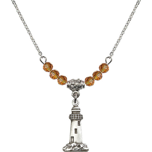 Sterling Silver Lighthouse Birthstone Necklace with Topaz Beads - 5922