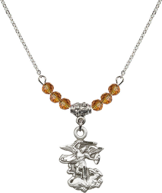 Sterling Silver Saint Michael the Archangel Birthstone Necklace with Topaz Beads - 5940