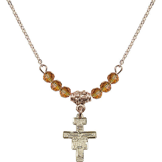 14kt Gold Filled San Damiano Crucifix Birthstone Necklace with Topaz Beads - 6078