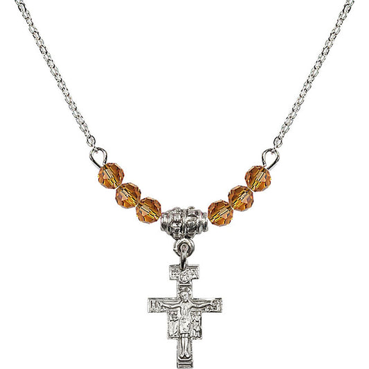 Sterling Silver San Damiano Crucifix Birthstone Necklace with Topaz Beads - 6078