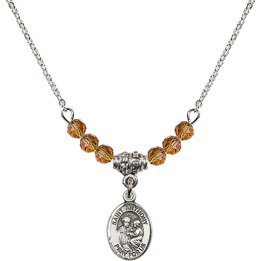 Sterling Silver Saint Anthony of Padua Birthstone Necklace with Topaz Beads - 9004