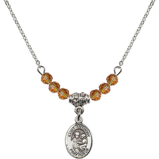 Sterling Silver Saint Anthony of Padua Birthstone Necklace with Topaz Beads - 9004