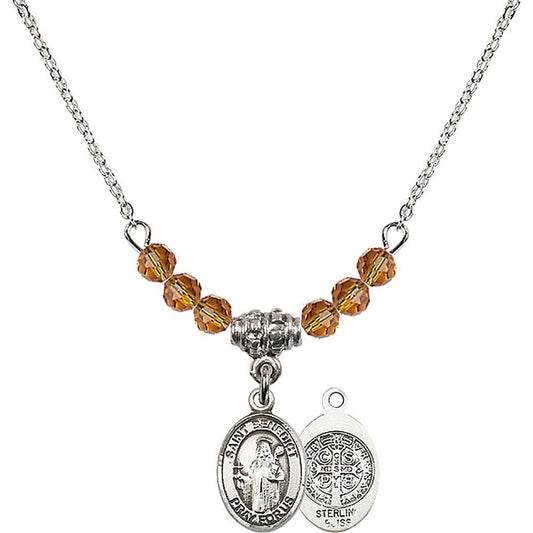 Sterling Silver Saint Benedict Birthstone Necklace with Topaz Beads - 9008