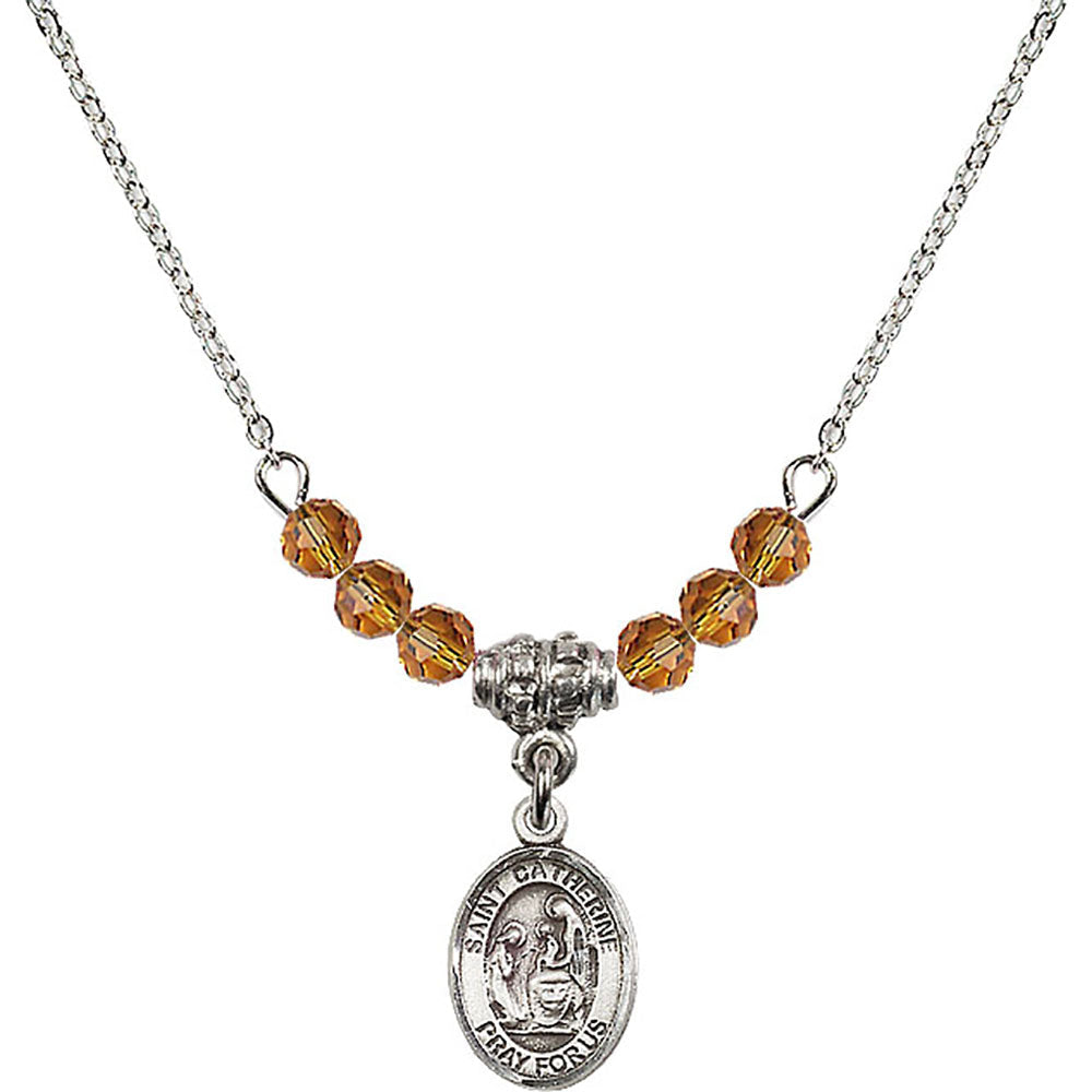 Sterling Silver Saint Catherine of Siena Birthstone Necklace with Topaz Beads - 9014