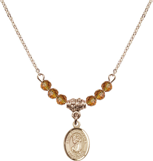 14kt Gold Filled Saint Christopher Birthstone Necklace with Topaz Beads - 9022