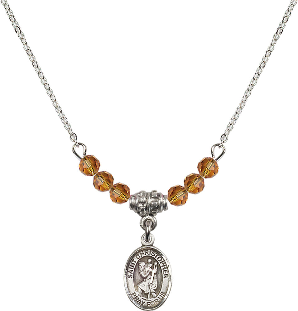 Sterling Silver Saint Christopher Birthstone Necklace with Topaz Beads - 9022