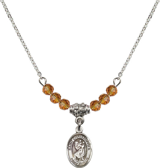 Sterling Silver Saint Christopher Birthstone Necklace with Topaz Beads - 9022