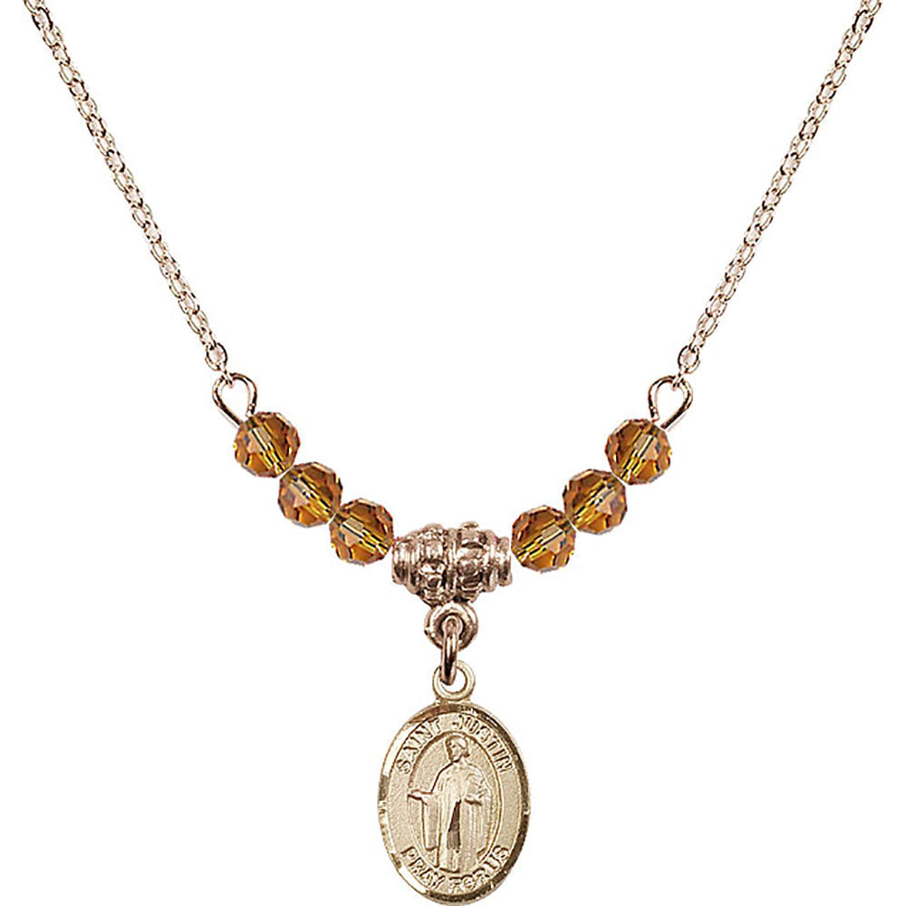 14kt Gold Filled Saint Justin Birthstone Necklace with Topaz Beads - 9052