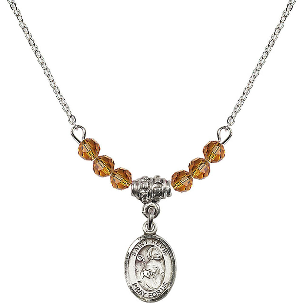 Sterling Silver Saint Kevin Birthstone Necklace with Topaz Beads - 9062
