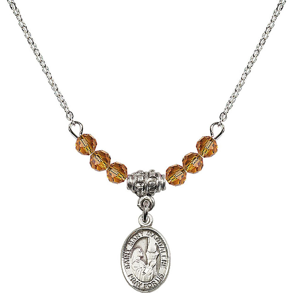 Sterling Silver Saint Mary Magdalene Birthstone Necklace with Topaz Beads - 9071