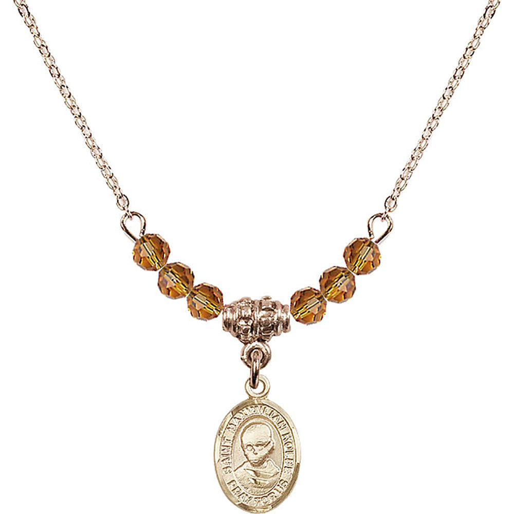 14kt Gold Filled Saint Maximilian Kolbe Birthstone Necklace with Topaz Beads - 9073