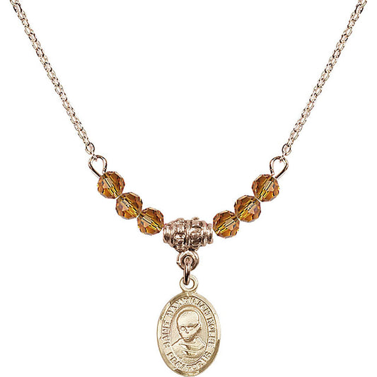 14kt Gold Filled Saint Maximilian Kolbe Birthstone Necklace with Topaz Beads - 9073