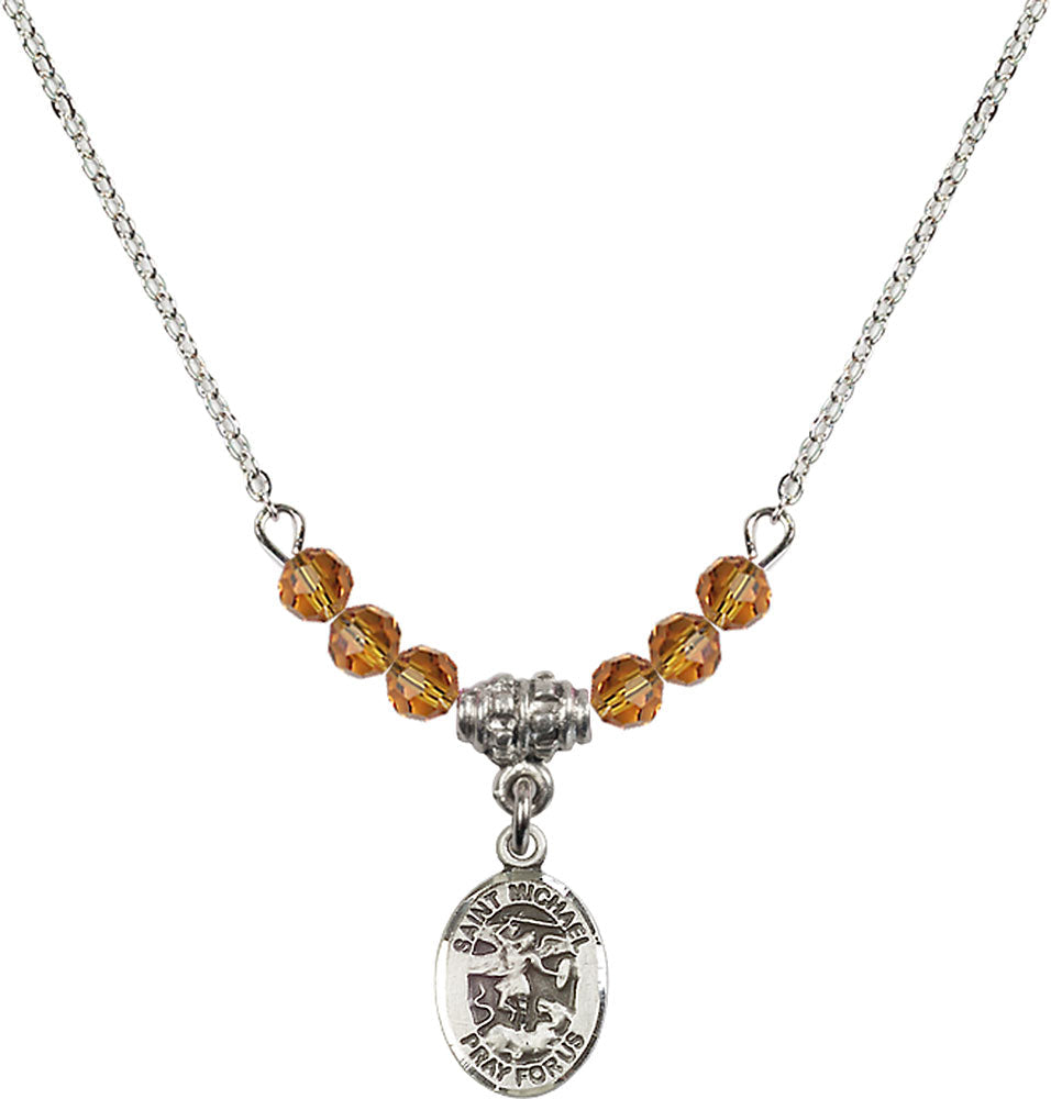 Sterling Silver Saint Michael the Archangel Birthstone Necklace with Topaz Beads - 9076
