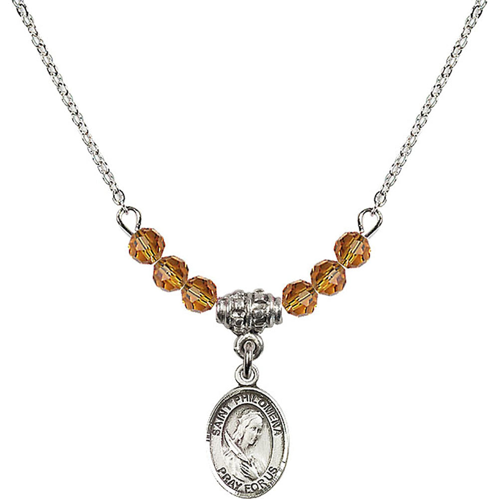 Sterling Silver Saint Philomena Birthstone Necklace with Topaz Beads - 9077