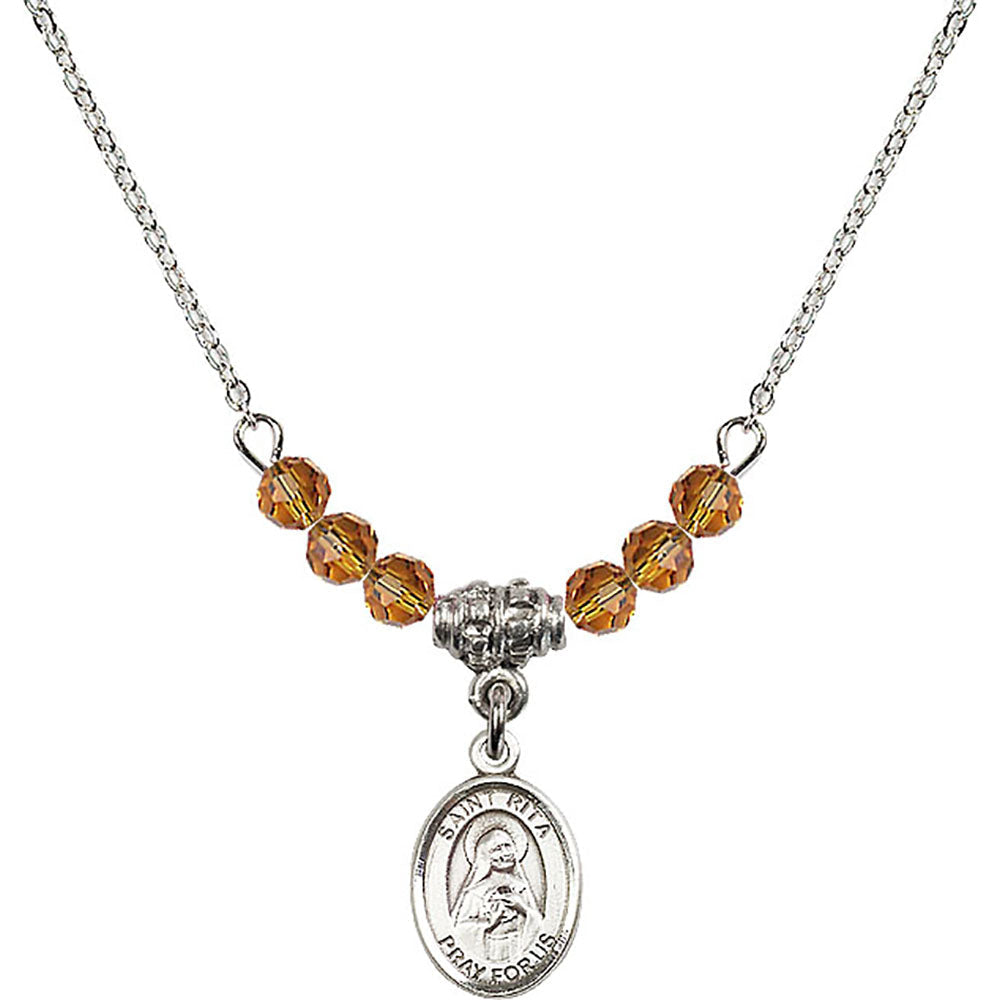 Sterling Silver Saint Rita of Cascia Birthstone Necklace with Topaz Beads - 9094