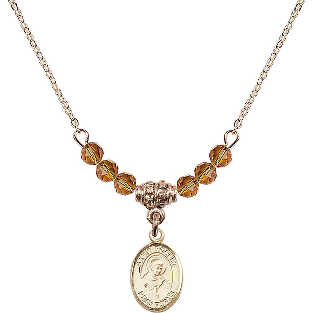 14kt Gold Filled Saint Robert Bellarmine Birthstone Necklace with Topaz Beads - 9096