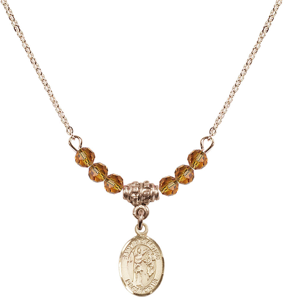 14kt Gold Filled Saint Sebastian Birthstone Necklace with Topaz Beads - 9100