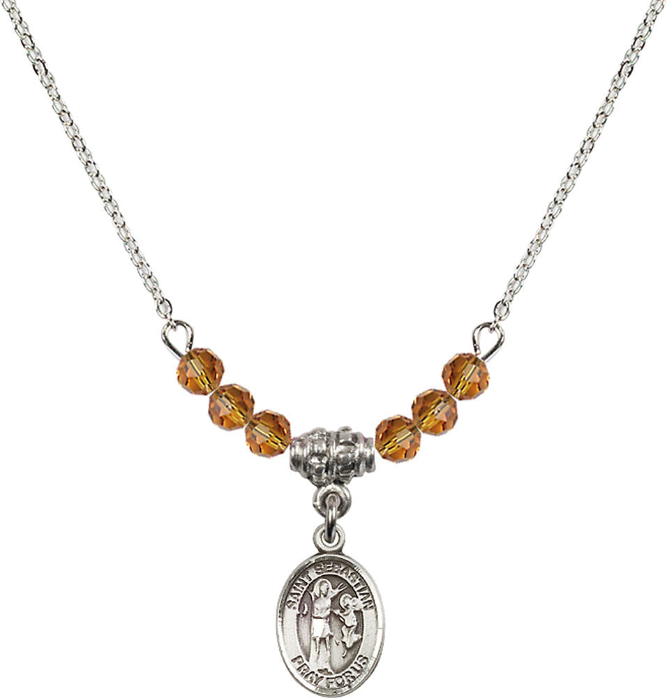 Sterling Silver Saint Sebastian Birthstone Necklace with Topaz Beads - 9100
