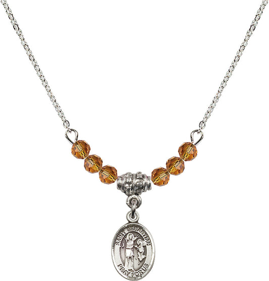 Sterling Silver Saint Sebastian Birthstone Necklace with Topaz Beads - 9100