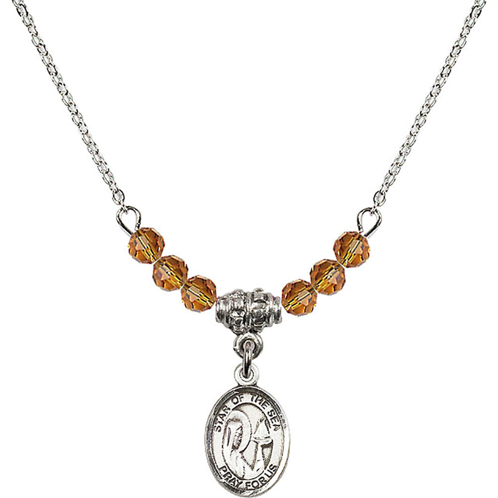 Sterling Silver Our Lady Star of the Sea Birthstone Necklace with Topaz Beads - 9101