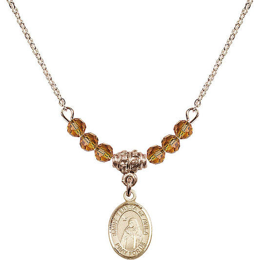 14kt Gold Filled Saint Teresa of Avila Birthstone Necklace with Topaz Beads - 9102