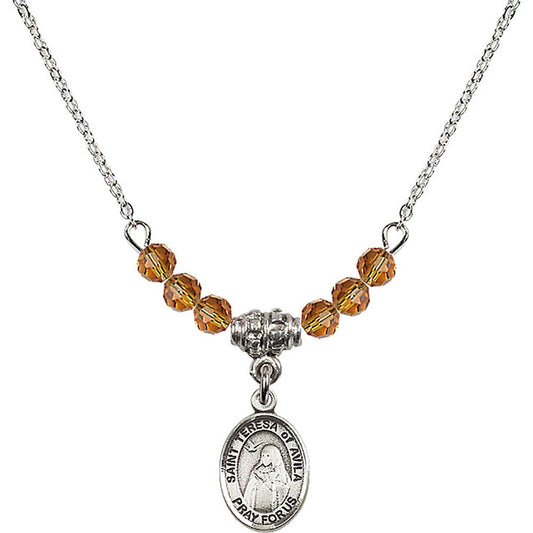 Sterling Silver Saint Teresa of Avila Birthstone Necklace with Topaz Beads - 9102