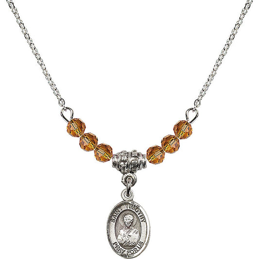 Sterling Silver Saint Timothy Birthstone Necklace with Topaz Beads - 9105