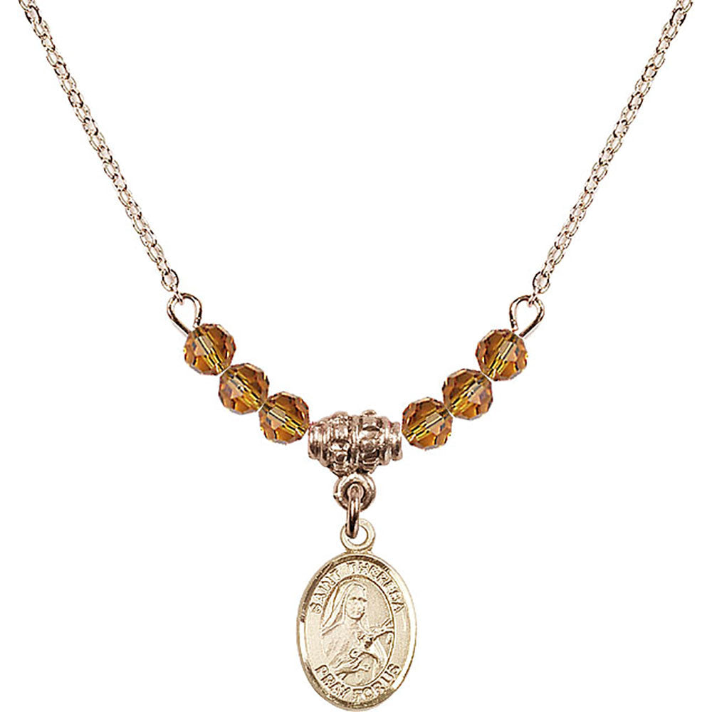 14kt Gold Filled Saint Theresa Birthstone Necklace with Topaz Beads - 9106